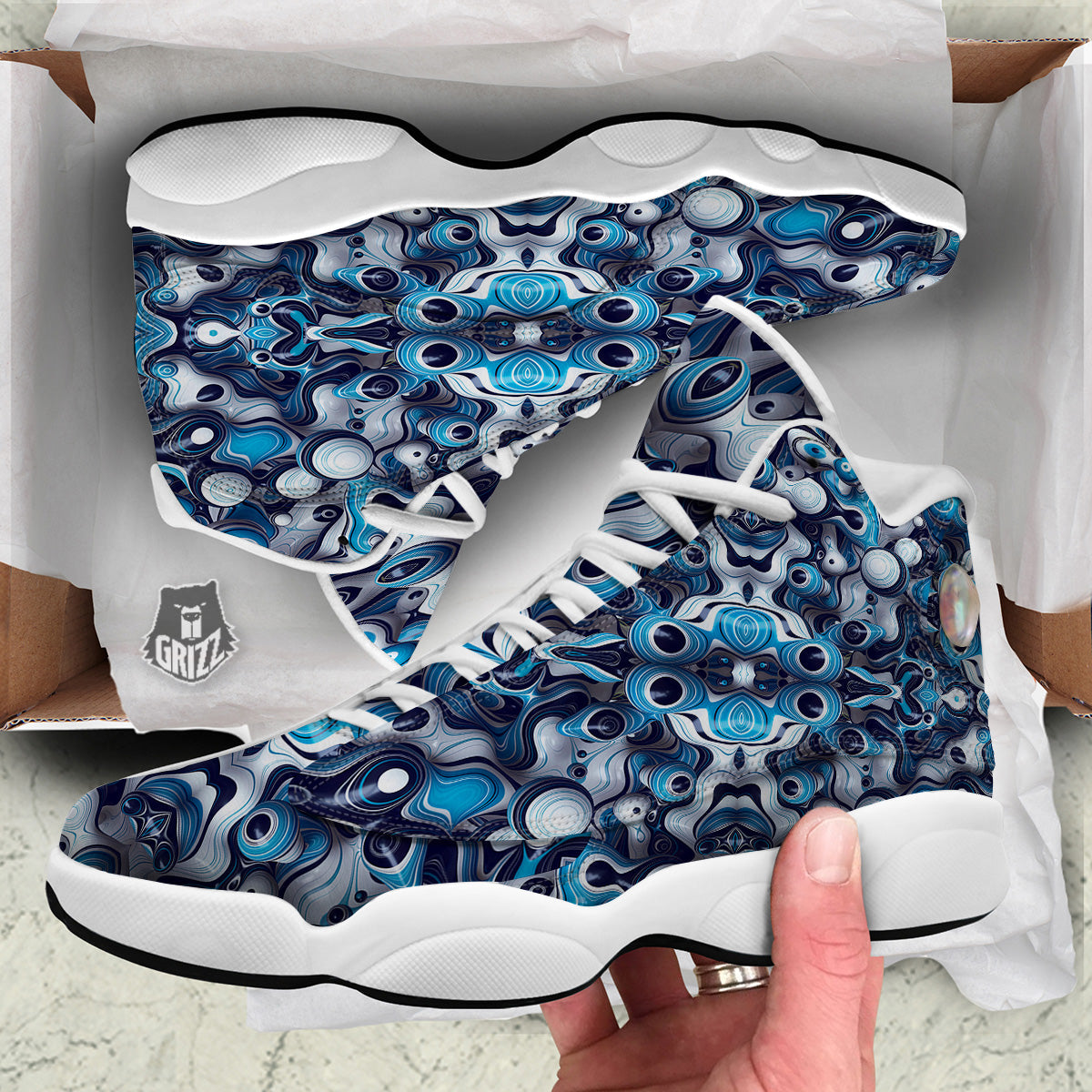 Abstract Wavy Bubbles Blue White Print Pattern White Basketball Shoes-grizzshop