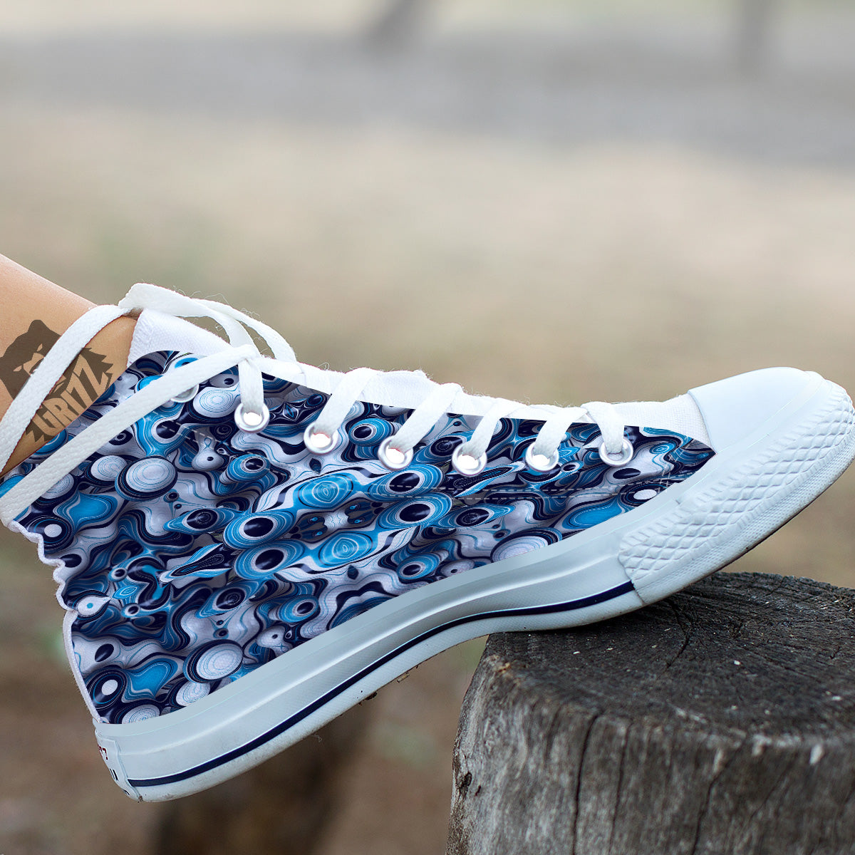 Abstract Wavy Bubbles Blue White Print Pattern White High Top Shoes-grizzshop