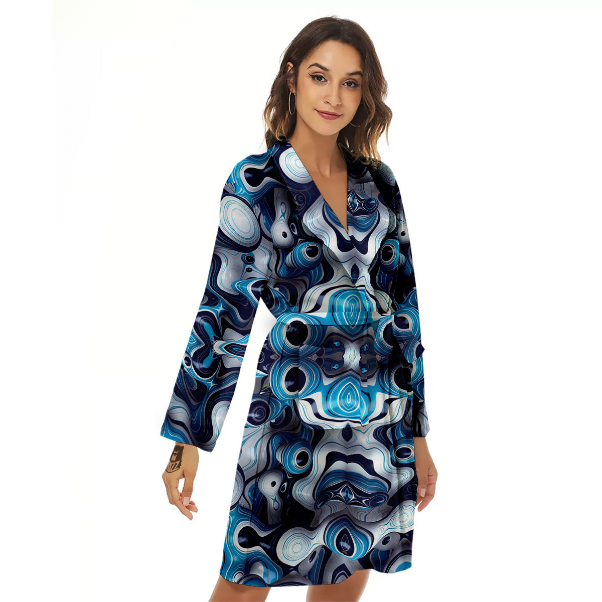 Abstract Wavy Bubbles Blue White Print Pattern Women's Robe-grizzshop