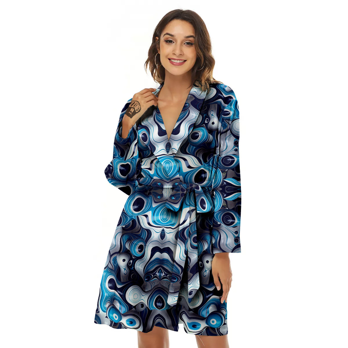 Abstract Wavy Bubbles Blue White Print Pattern Women's Robe-grizzshop