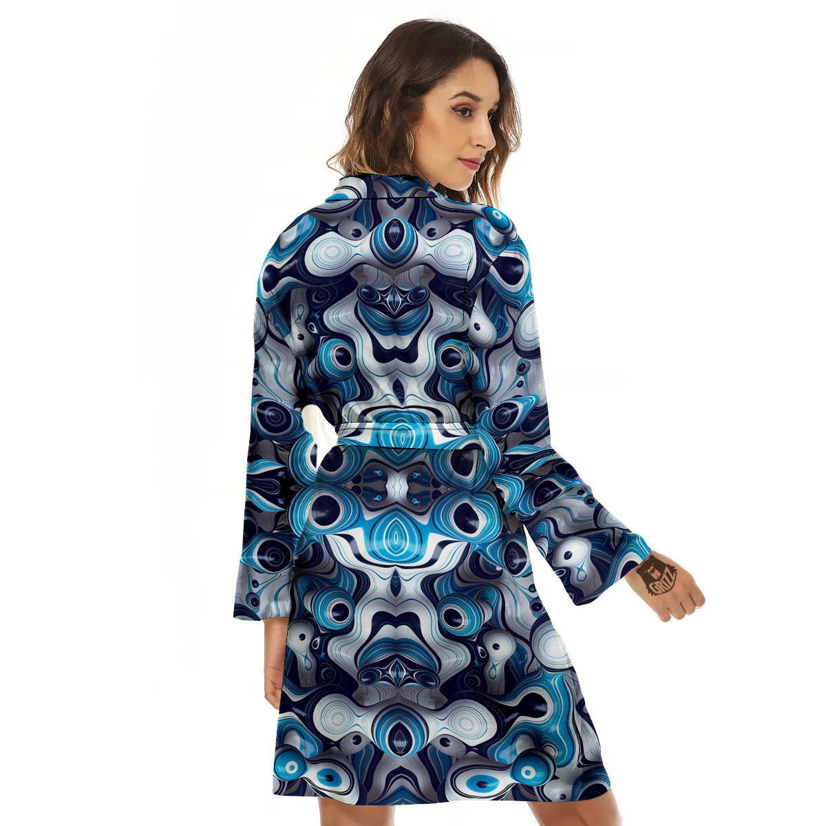 Abstract Wavy Bubbles Blue White Print Pattern Women's Robe-grizzshop