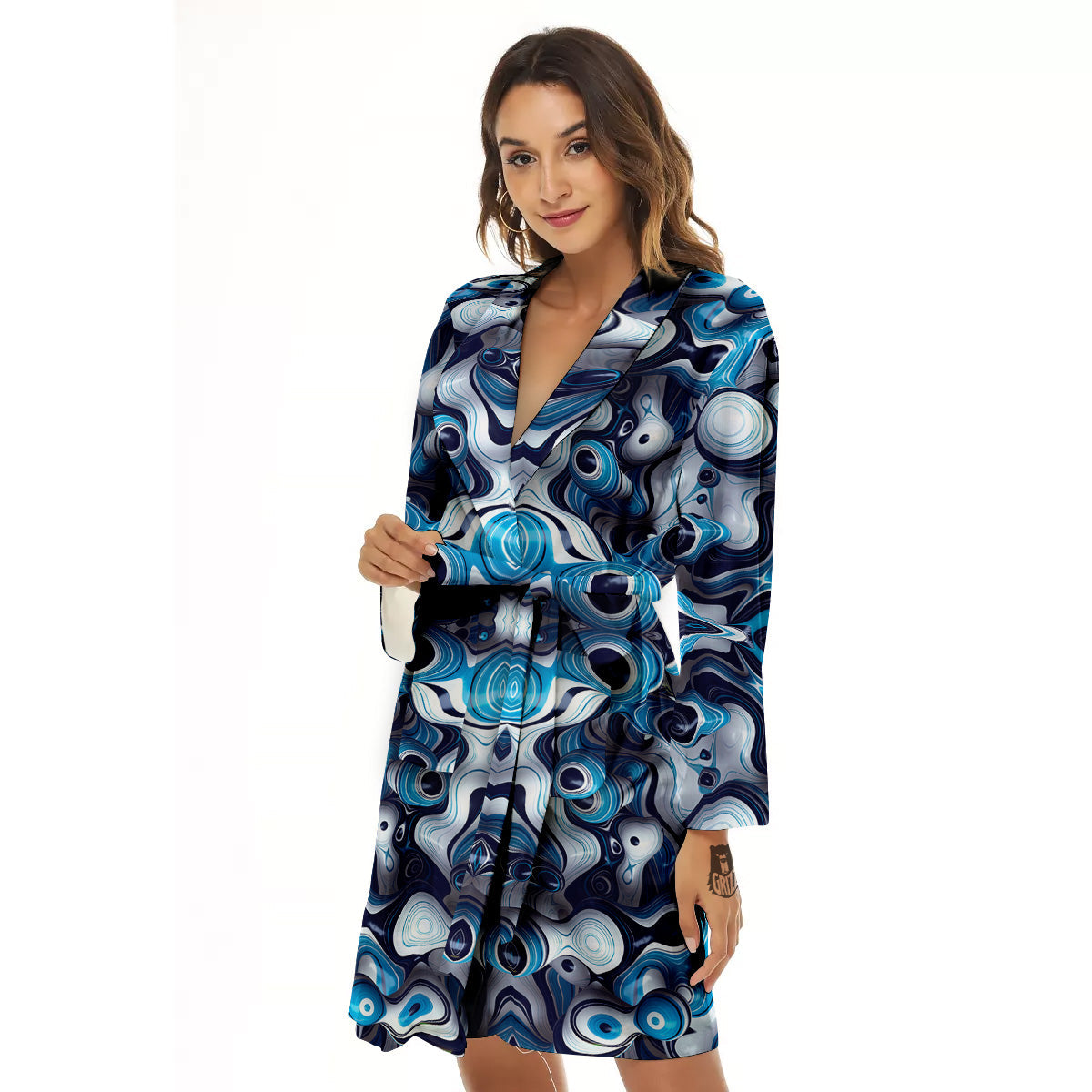 Abstract Wavy Bubbles Blue White Print Pattern Women's Robe-grizzshop