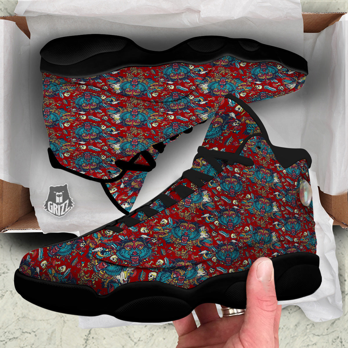 Abstract Wolf Fairy Tale Tattoo Print Pattern Black Basketball Shoes-grizzshop