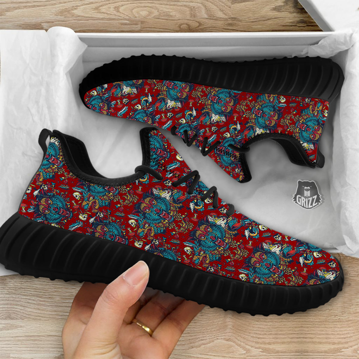 Abstract Wolf Fairy Tale Tattoo Print Pattern Black Walking Shoes-grizzshop