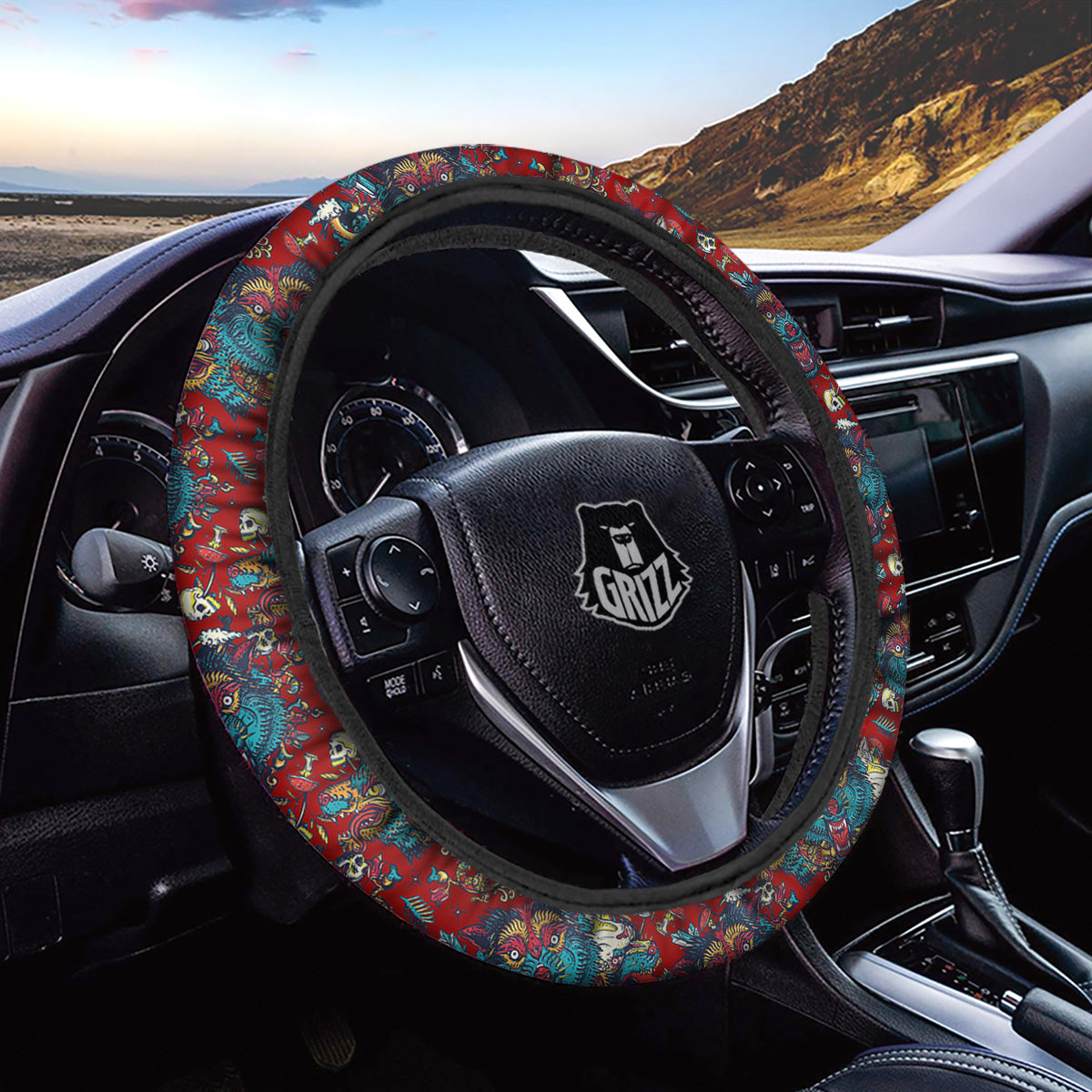 Abstract Wolf Fairy Tale Tattoo Print Pattern Car Steering Wheel Cover-grizzshop