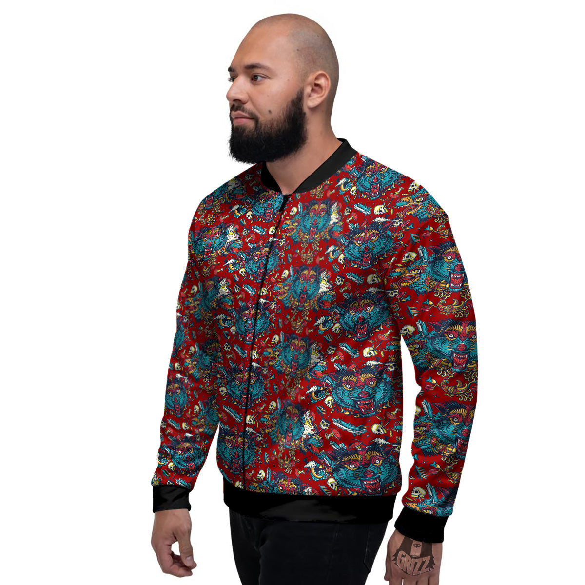 Abstract Wolf Fairy Tale Tattoo Print Pattern Men's Bomber Jacket-grizzshop