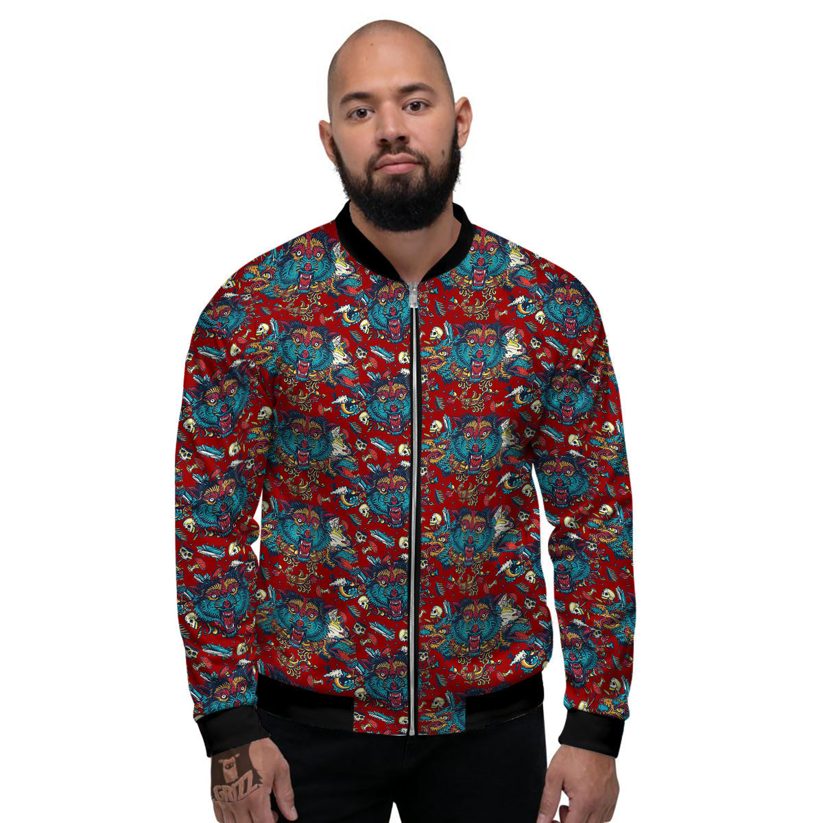 Abstract Wolf Fairy Tale Tattoo Print Pattern Men's Bomber Jacket-grizzshop