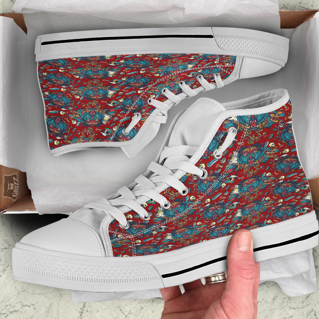 Abstract Wolf Fairy Tale Tattoo Print Pattern White High Top Shoes-grizzshop