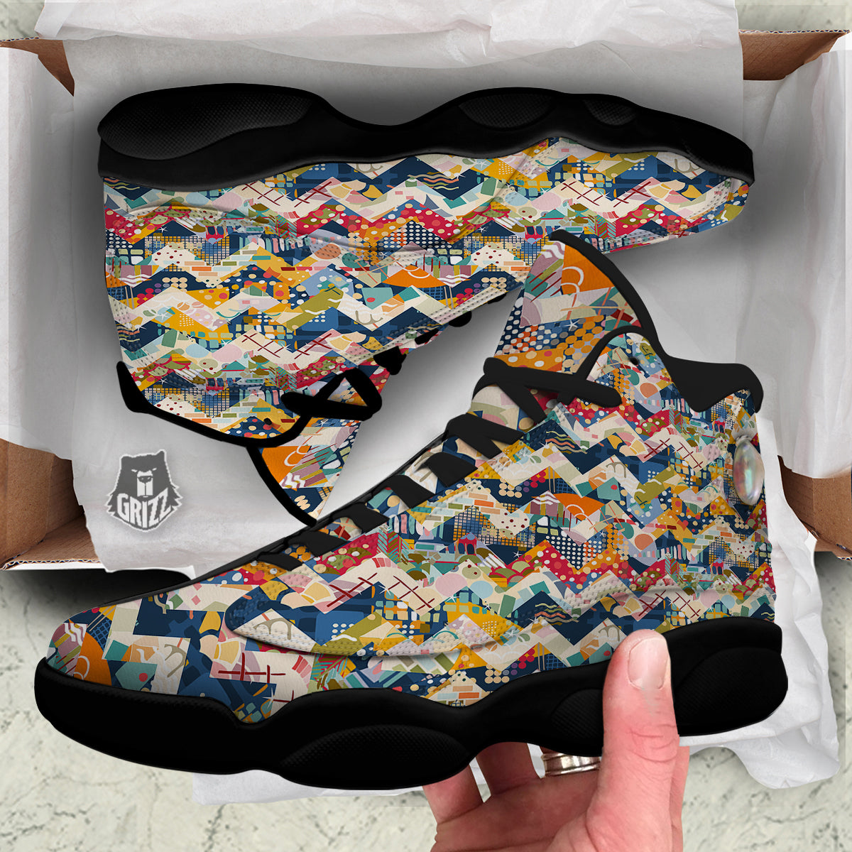 Abstract Zigzag Colorful Graffiti Style Print Pattern Black Basketball Shoes-grizzshop