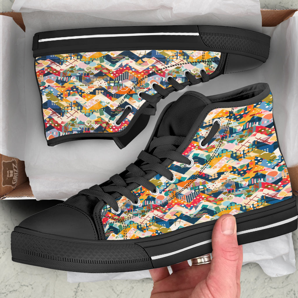 Abstract Zigzag Colorful Graffiti Style Print Pattern Black High Top Shoes-grizzshop