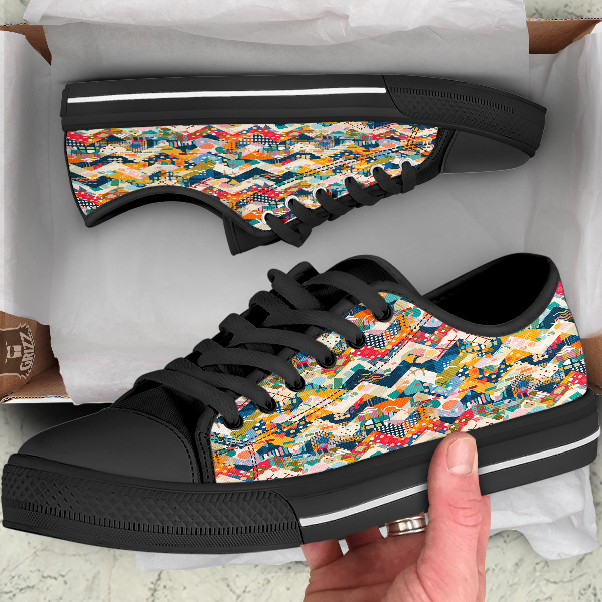 Abstract Zigzag Colorful Graffiti Style Print Pattern Black Low Top Shoes-grizzshop