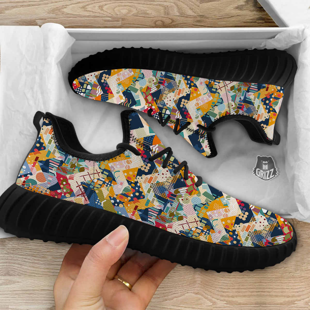 Abstract Zigzag Colorful Graffiti Style Print Pattern Black Walking Shoes-grizzshop