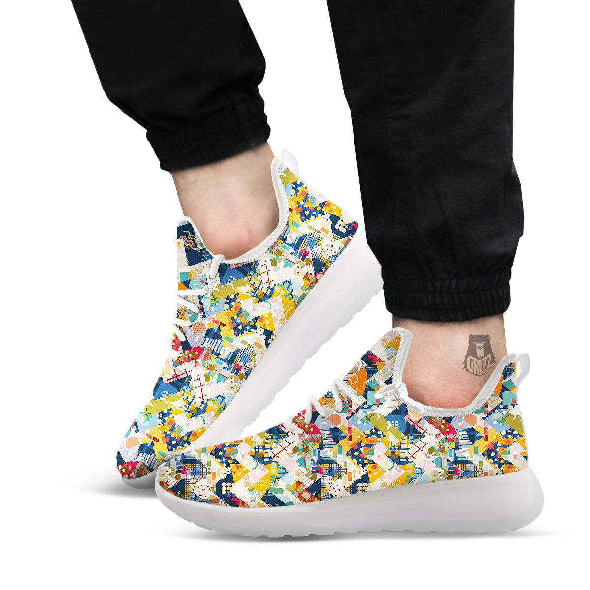 Abstract Zigzag Colorful Graffiti Style Print Pattern White Athletic Shoes-grizzshop