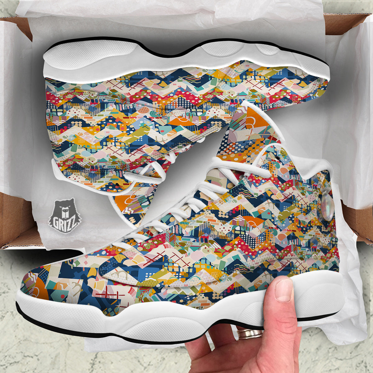 Abstract Zigzag Colorful Graffiti Style Print Pattern White Basketball Shoes-grizzshop