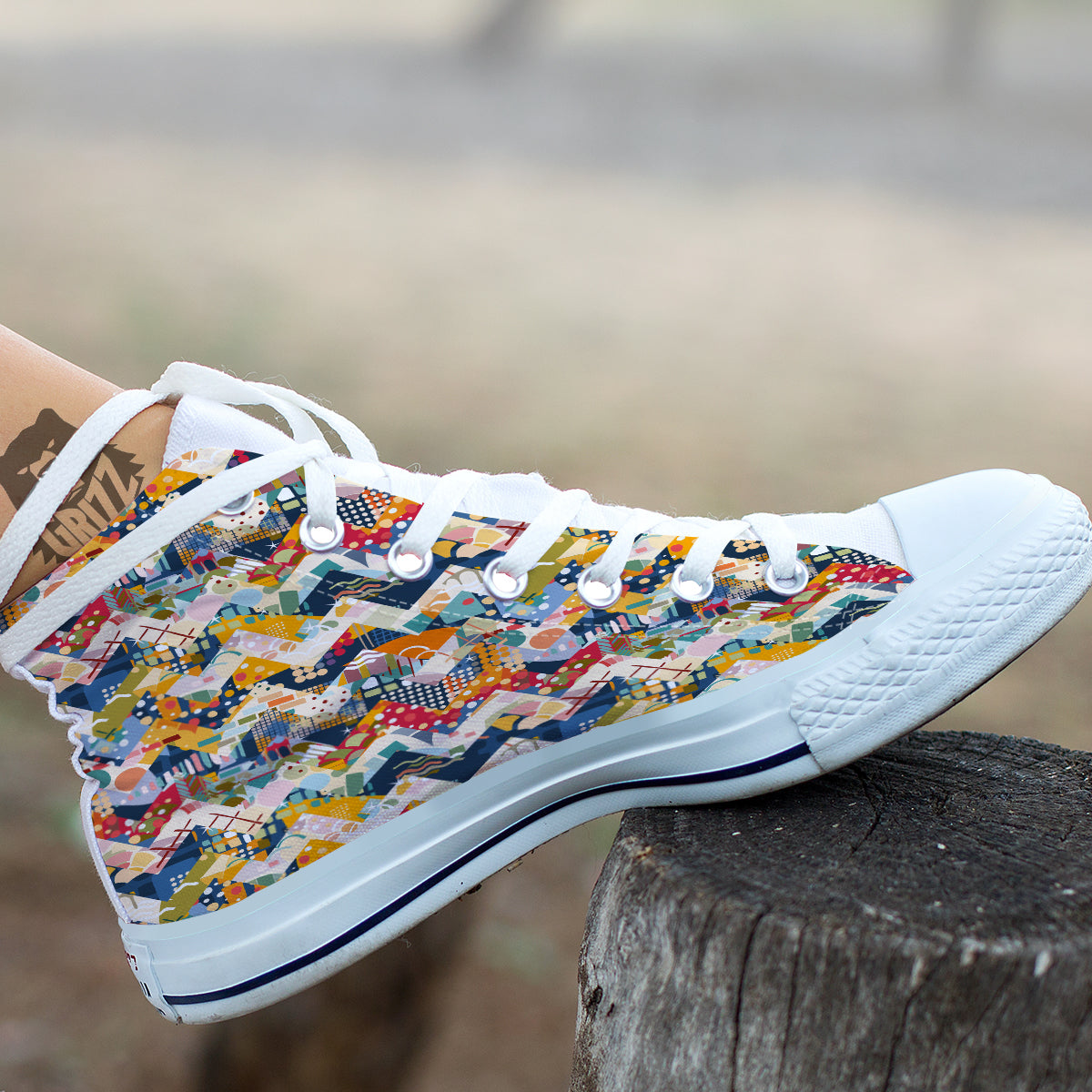 Abstract Zigzag Colorful Graffiti Style Print Pattern White High Top Shoes-grizzshop