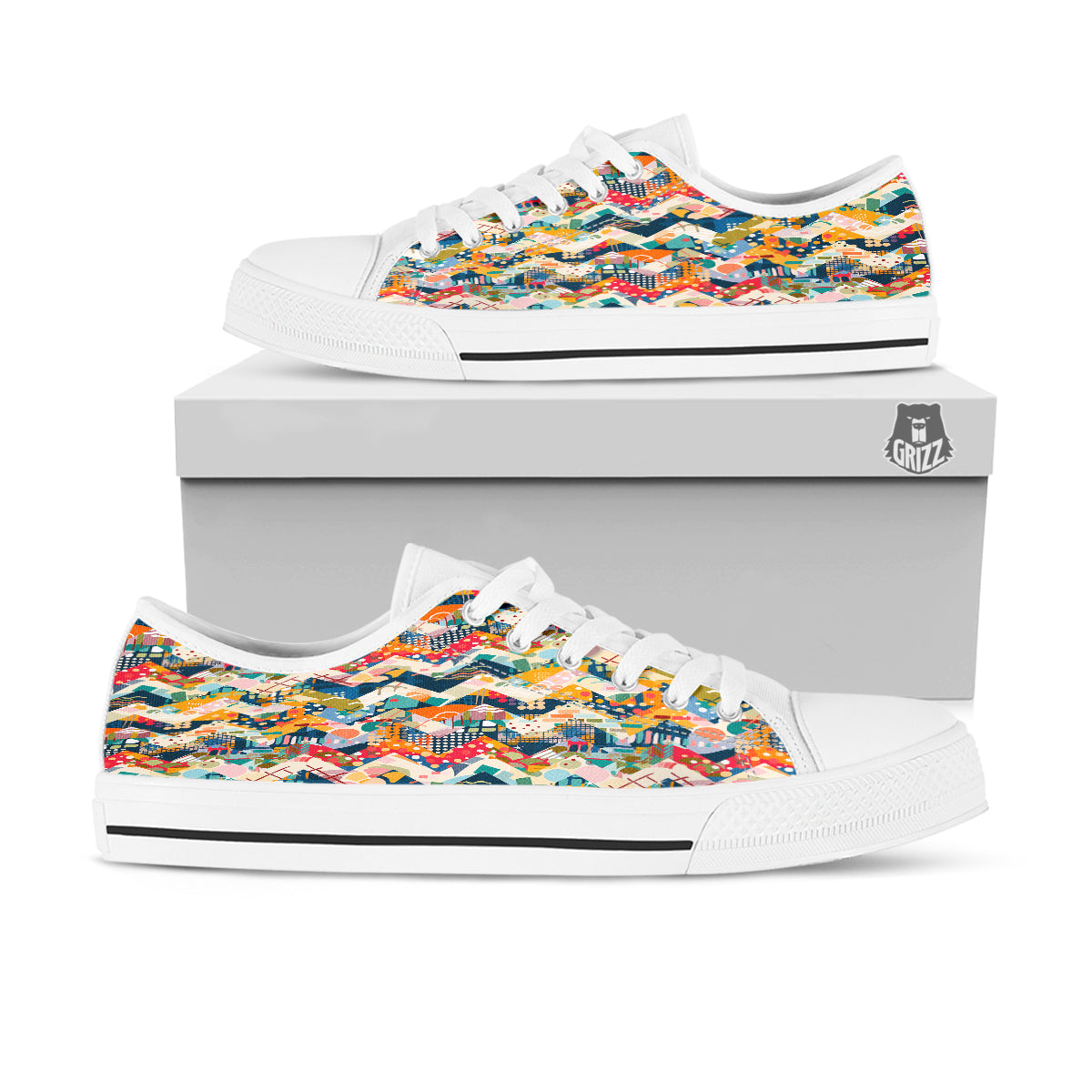 Abstract Zigzag Colorful Graffiti Style Print Pattern White Low Top Shoes-grizzshop