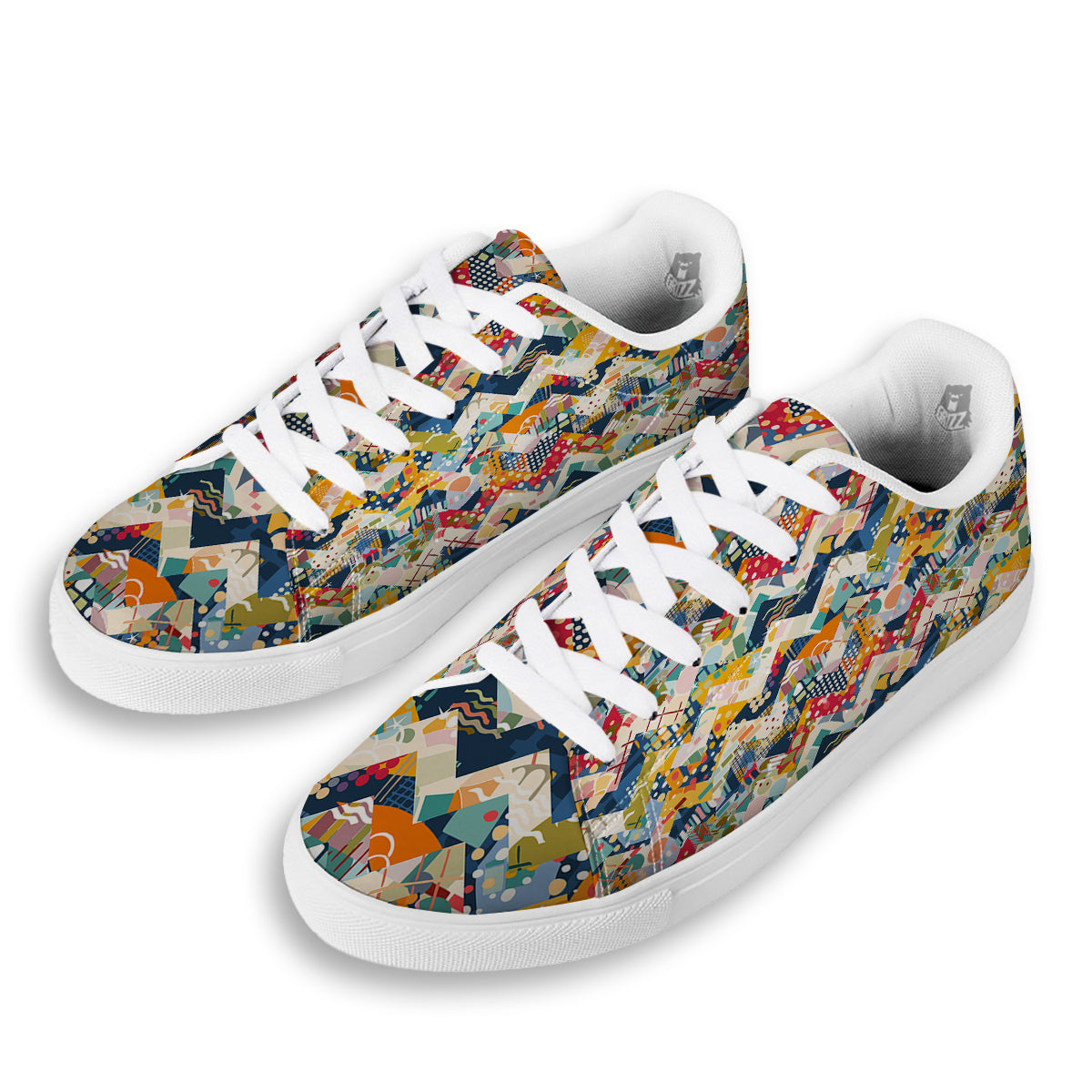 Abstract Zigzag Colorful Graffiti Style Print Pattern White Low Top Sneakers-grizzshop
