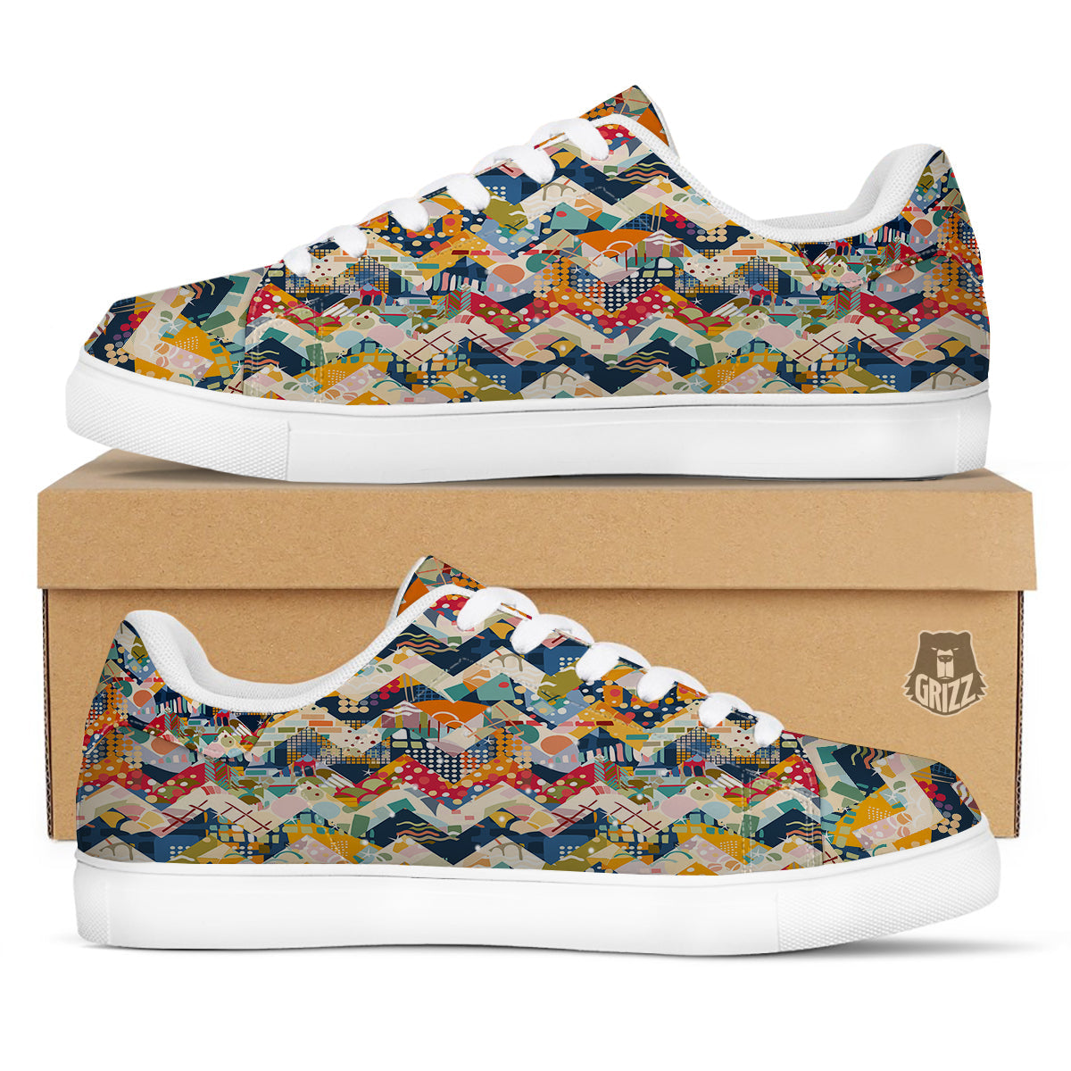 Abstract Zigzag Colorful Graffiti Style Print Pattern White Low Top Sneakers-grizzshop