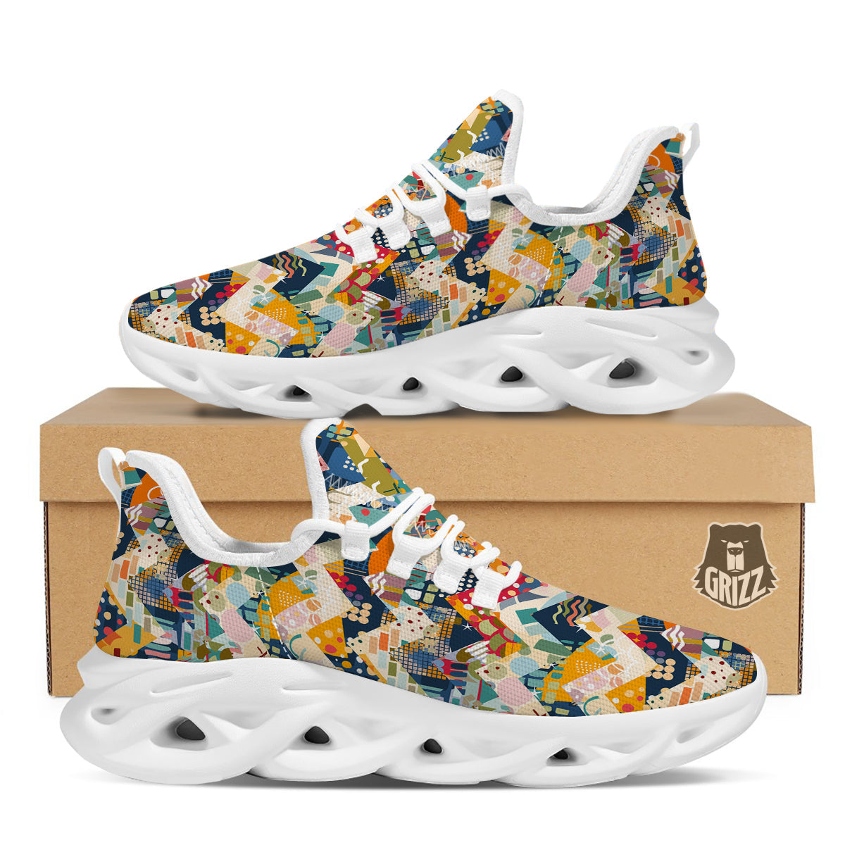 Abstract Zigzag Colorful Graffiti Style Print Pattern White Running Shoes-grizzshop