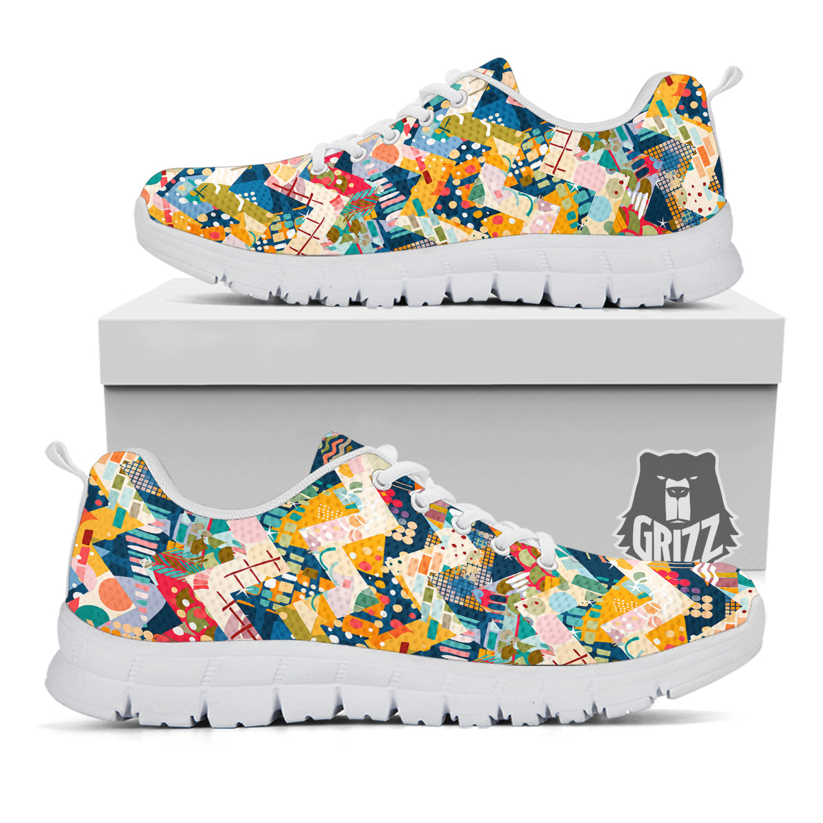 Abstract Zigzag Colorful Graffiti Style Print Pattern White Sneaker-grizzshop