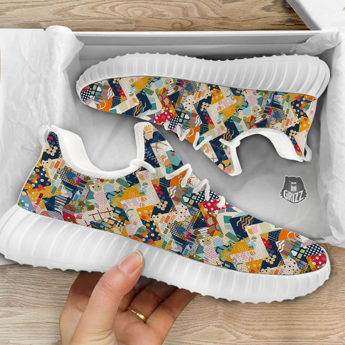 Abstract Zigzag Colorful Graffiti Style Print Pattern White Walking Shoes-grizzshop