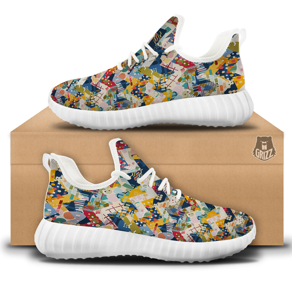 Abstract Zigzag Colorful Graffiti Style Print Pattern White Walking Shoes-grizzshop