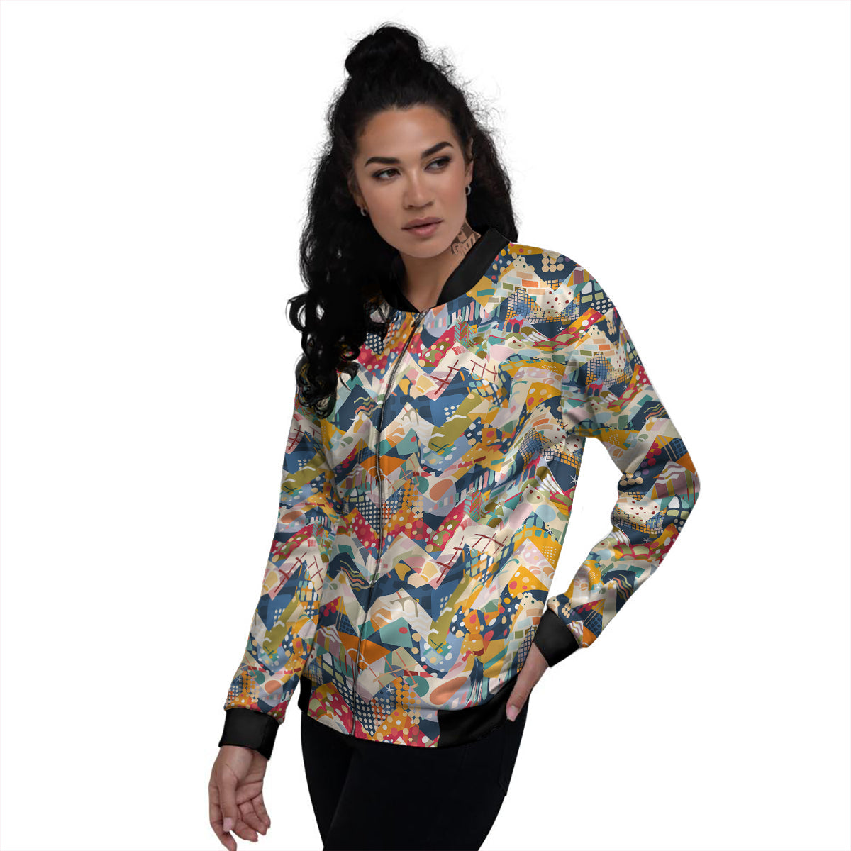Abstract Zigzag Colorful Graffiti Style Print Pattern Women's Bomber Jacket-grizzshop