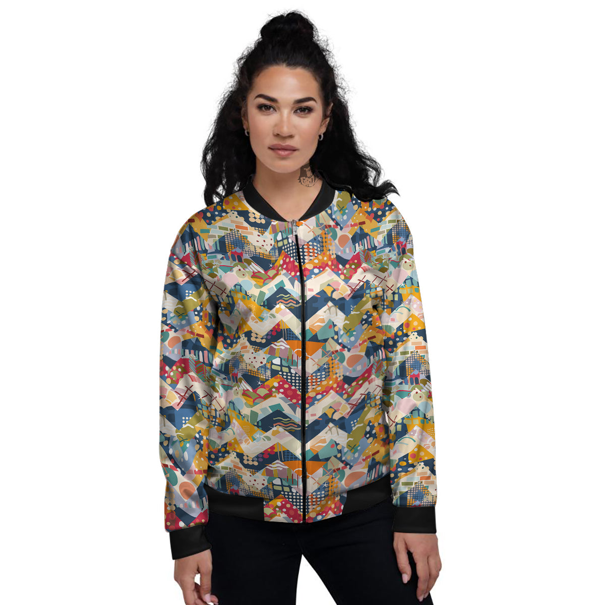 Abstract Zigzag Colorful Graffiti Style Print Pattern Women's Bomber Jacket-grizzshop