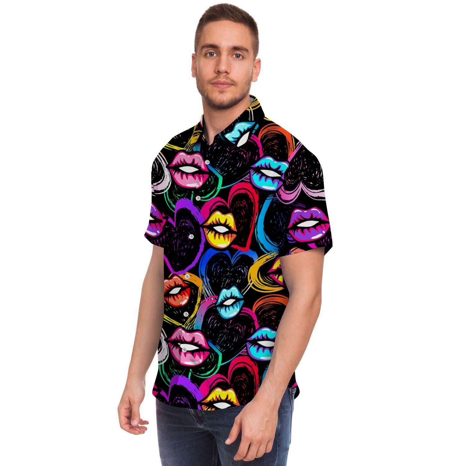 Abstract Lip Graffiti Print Men's Short Sleeve Shirt-grizzshop