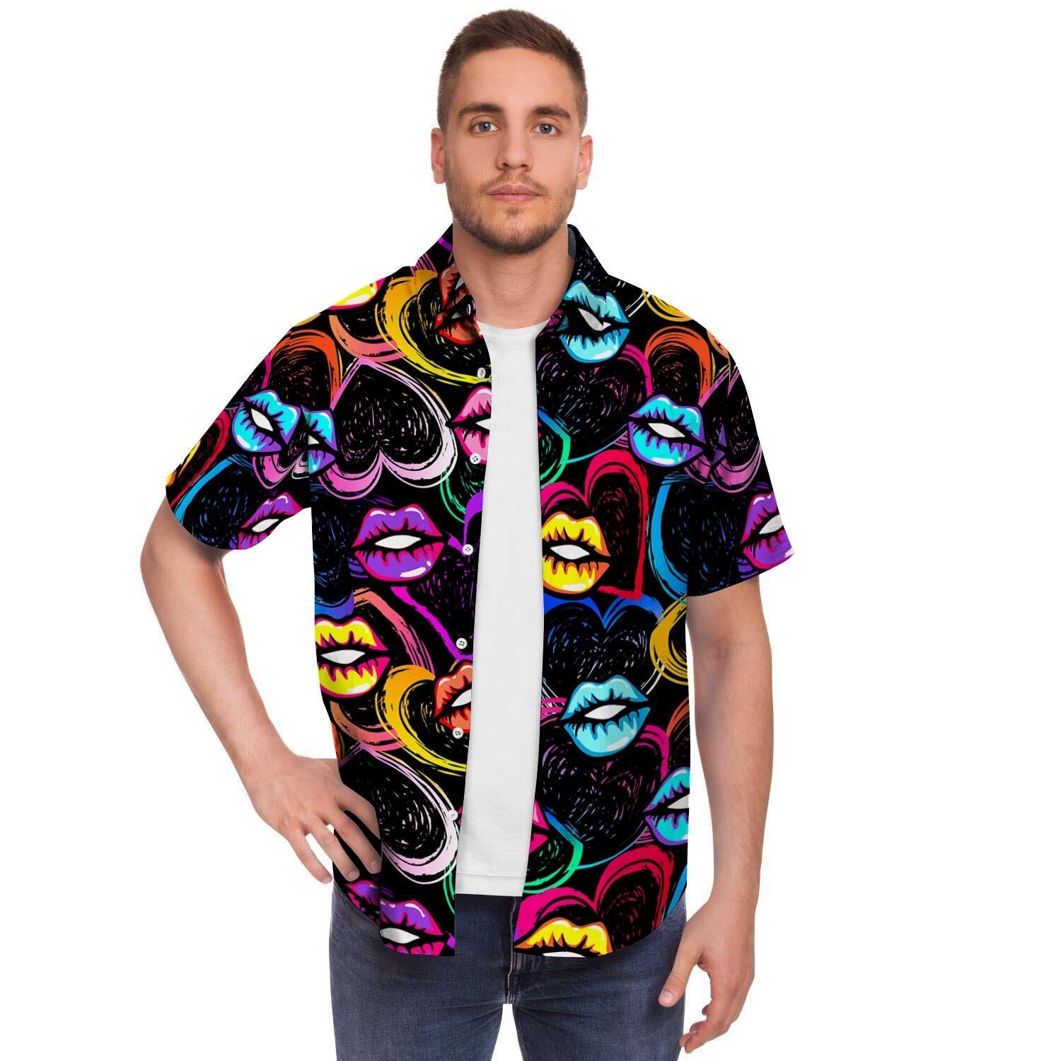 Abstract Lip Graffiti Print Men's Short Sleeve Shirt-grizzshop