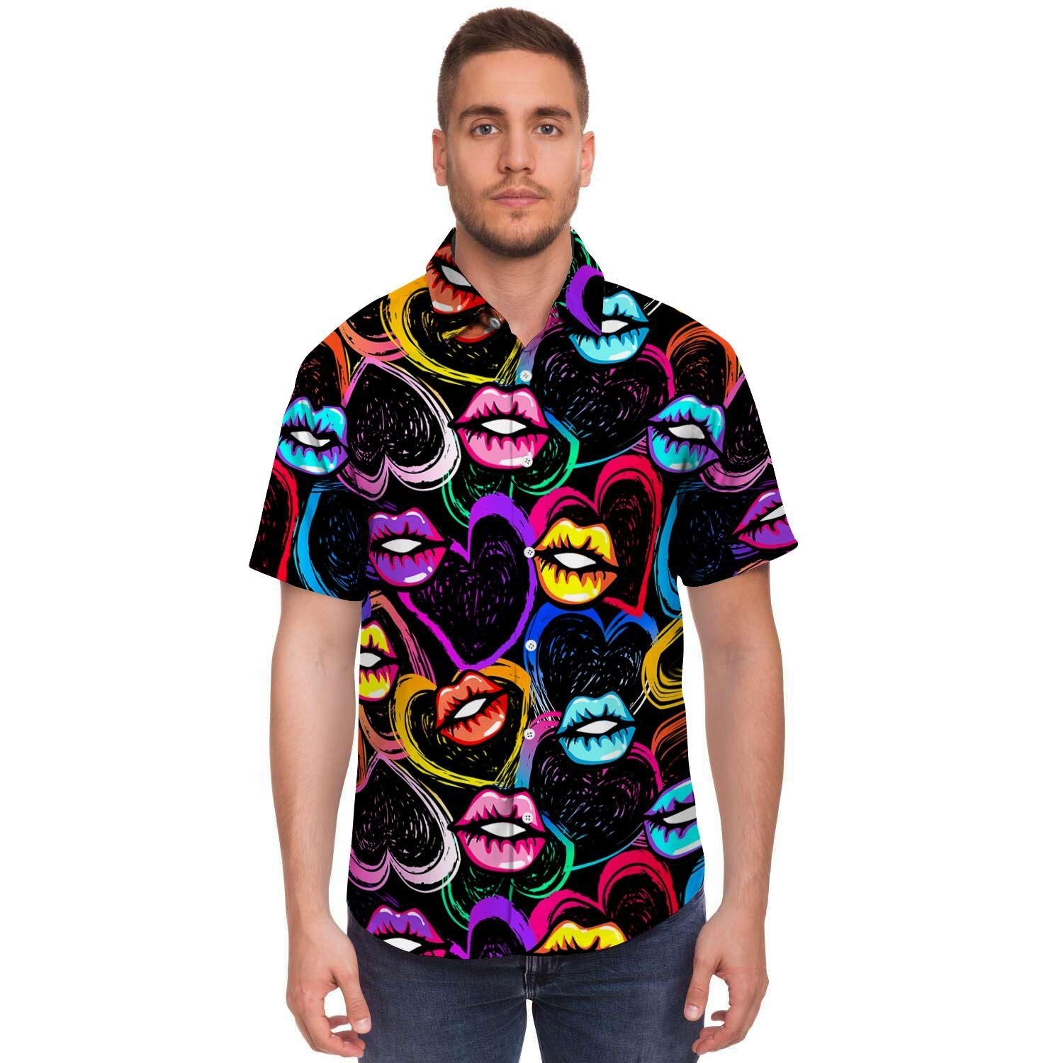 Abstract Lip Graffiti Print Men's Short Sleeve Shirt-grizzshop