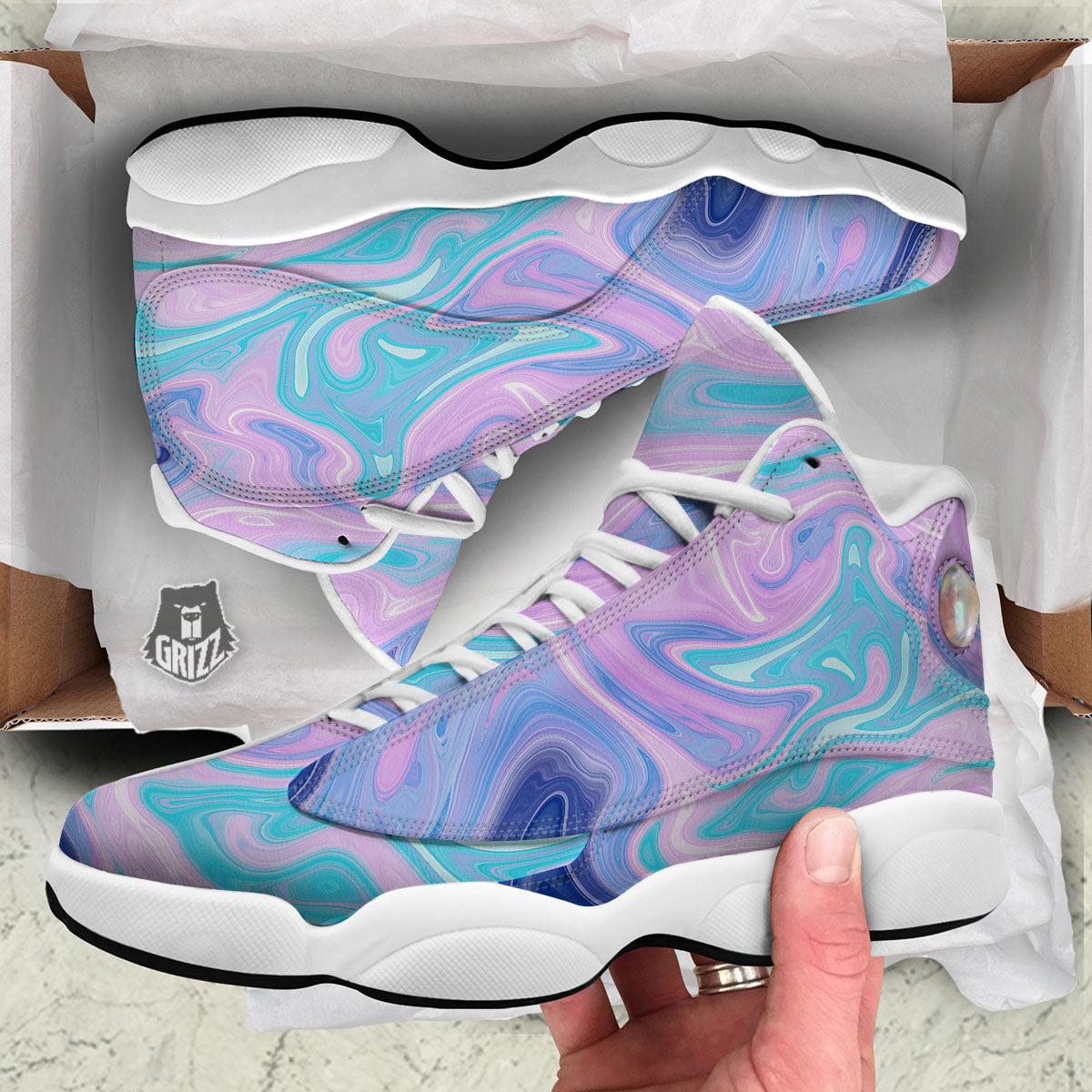Acid Melt Blue And Pink Print White Basketball Shoes-grizzshop