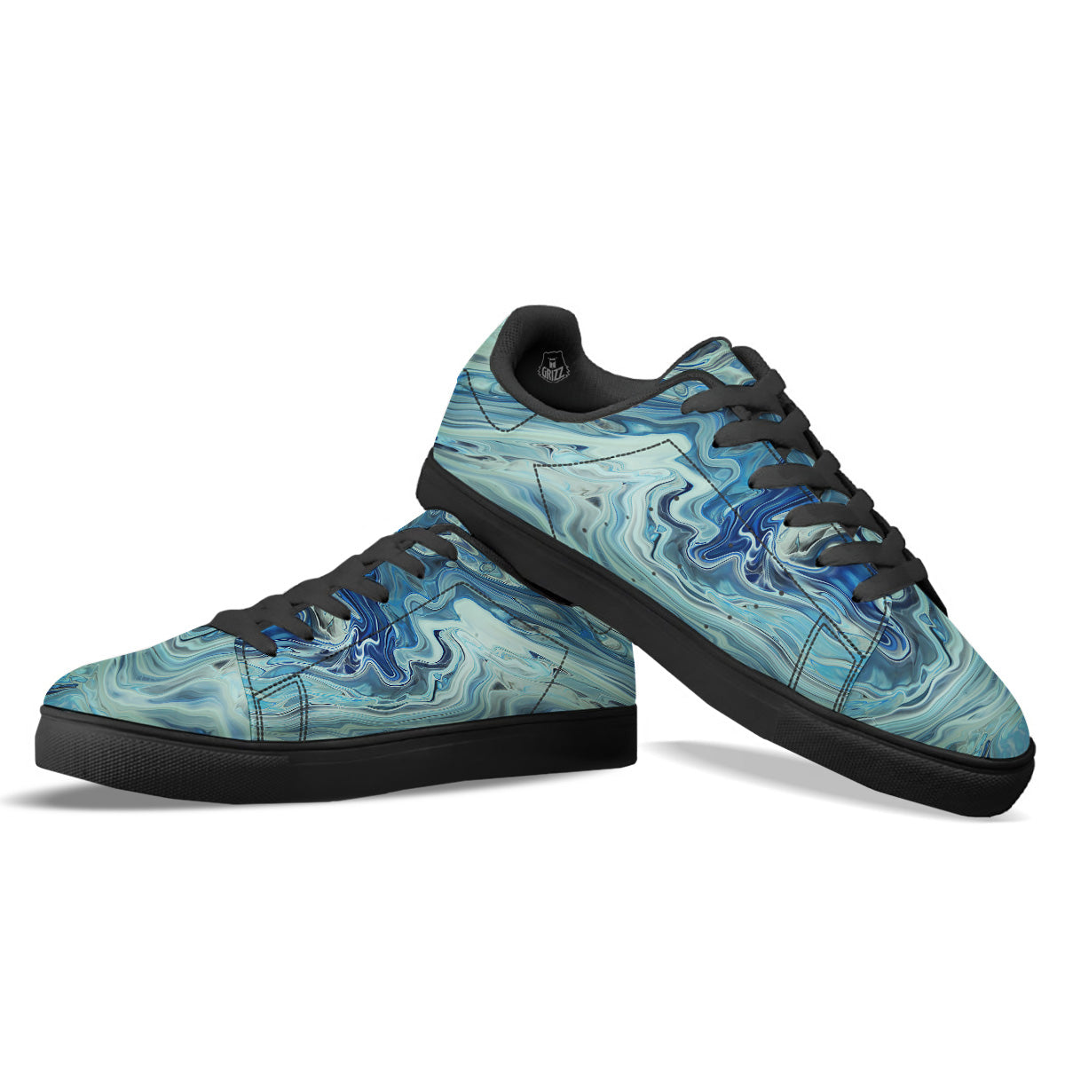Acid Melt Blue Ocean Print Black Low Top Sneakers-grizzshop