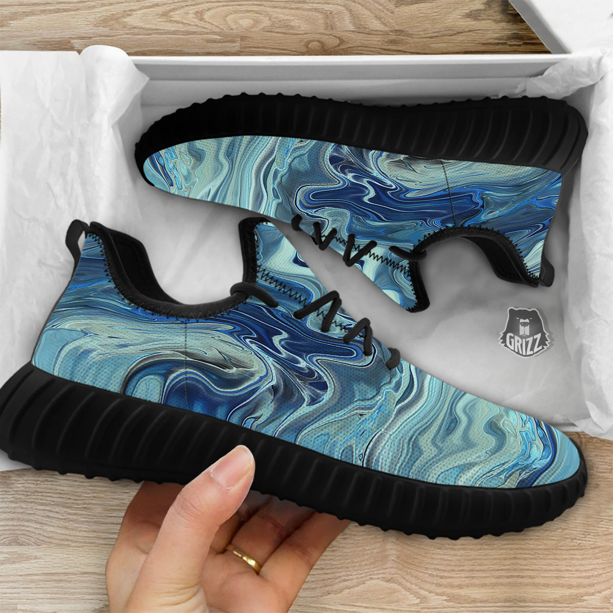 Acid Melt Blue Ocean Print Black Walking Shoes-grizzshop