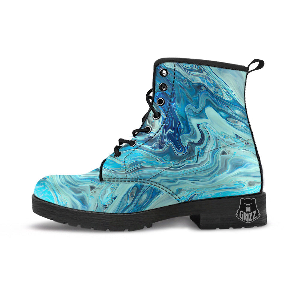 Acid Melt Blue Ocean Print Leather Boots-grizzshop