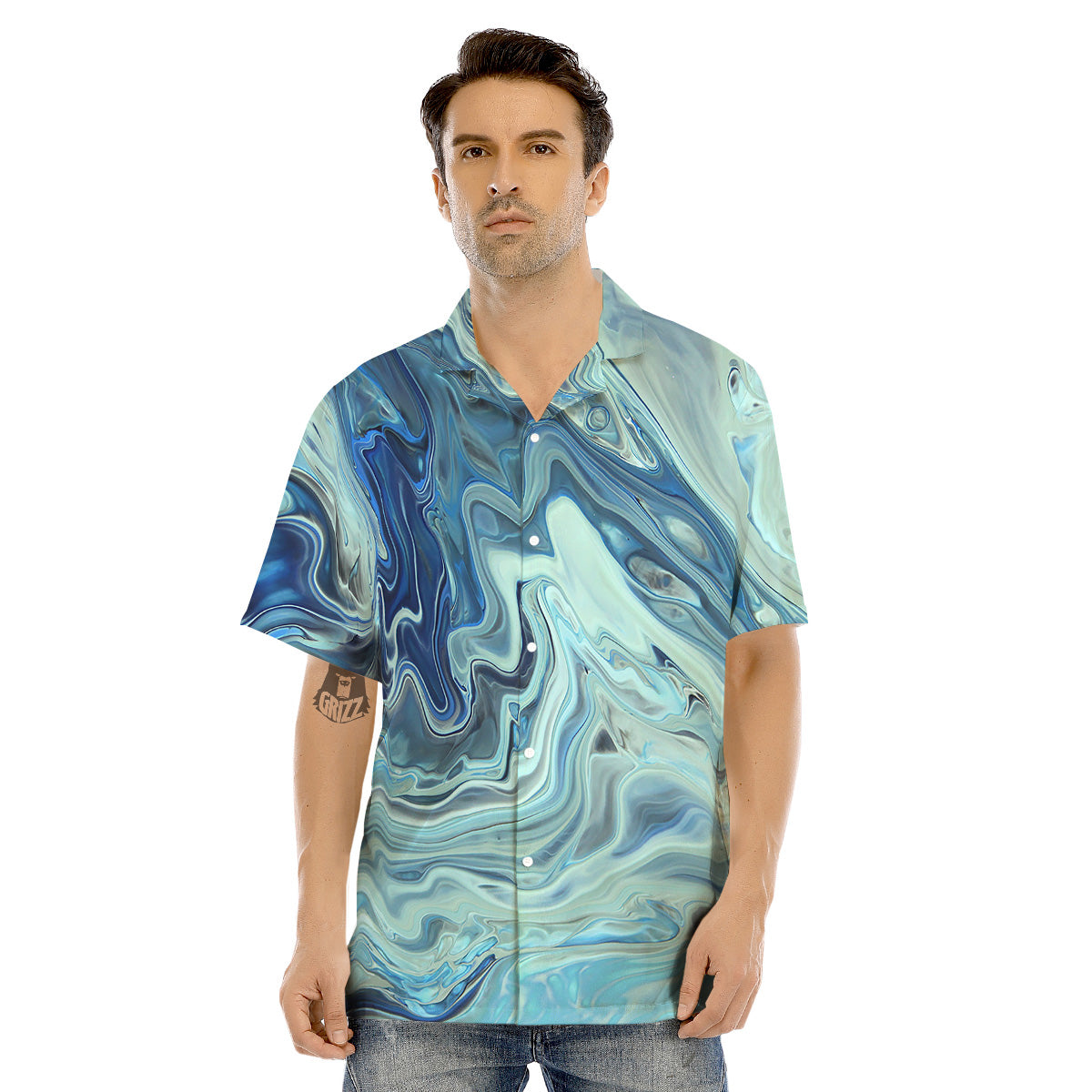 Acid Melt Blue Ocean Print Men's Hawaiian Shirt-grizzshop