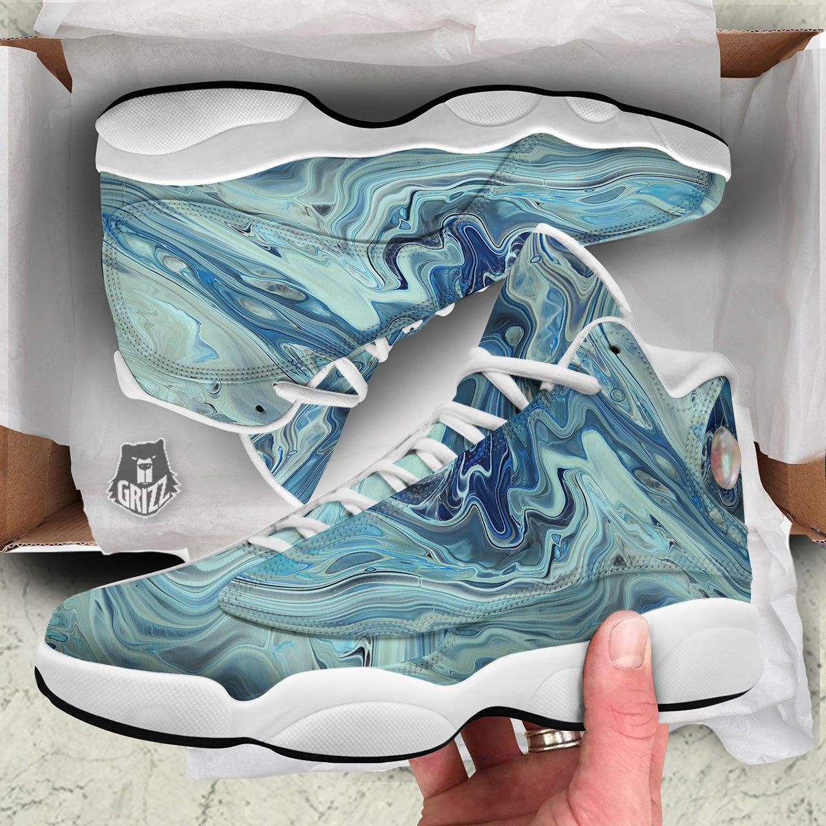 Acid Melt Blue Ocean Print White Basketball Shoes-grizzshop
