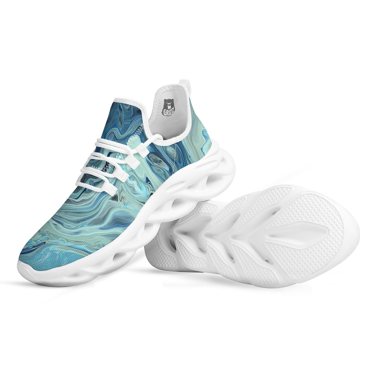 Acid Melt Blue Ocean Print White Running Shoes-grizzshop