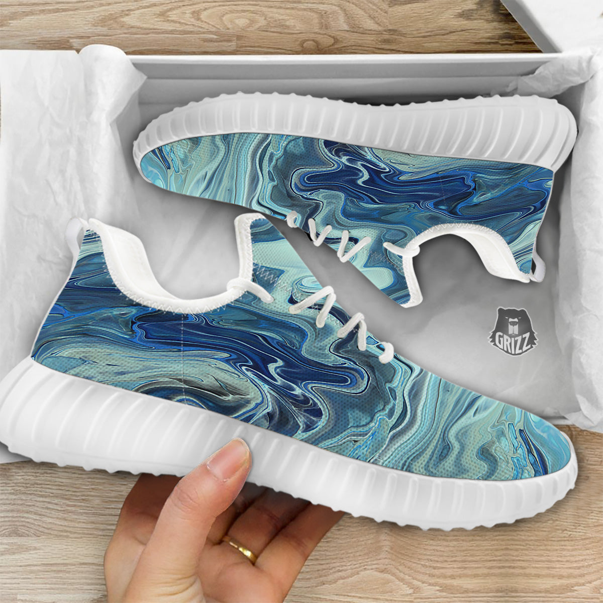 Acid Melt Blue Ocean Print White Walking Shoes-grizzshop