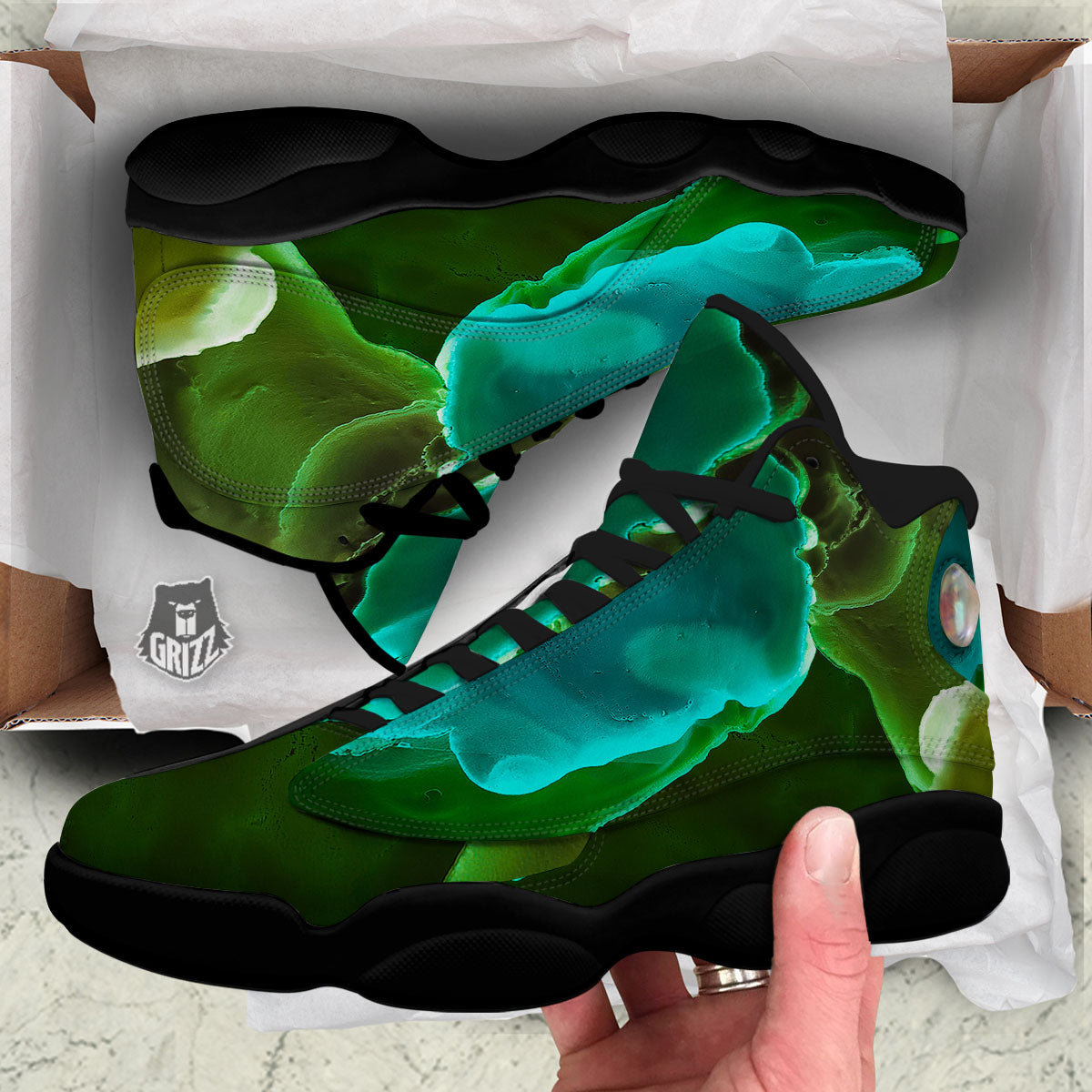 Acid Melt Green And Turquoise Print Black Basketball Shoes-grizzshop