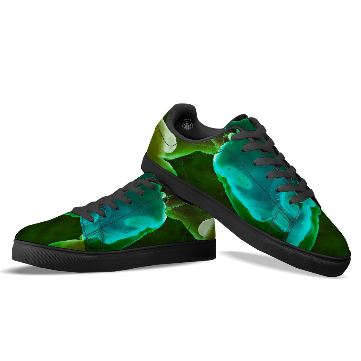 Acid Melt Green And Turquoise Print Black Low Top Sneakers-grizzshop