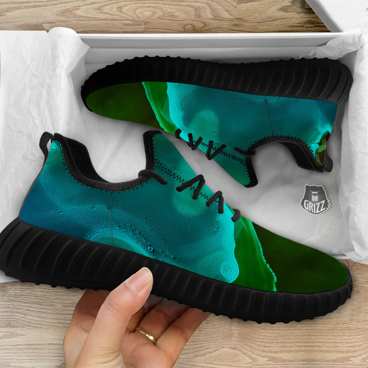Acid Melt Green And Turquoise Print Black Walking Shoes-grizzshop