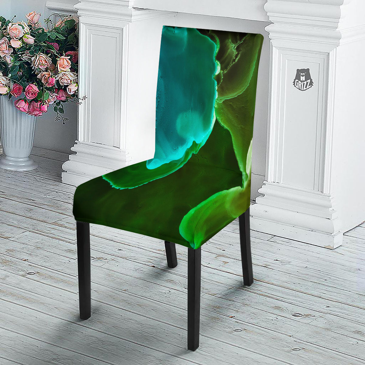 Acid Melt Green And Turquoise Print Dining Chair Slipcover-grizzshop