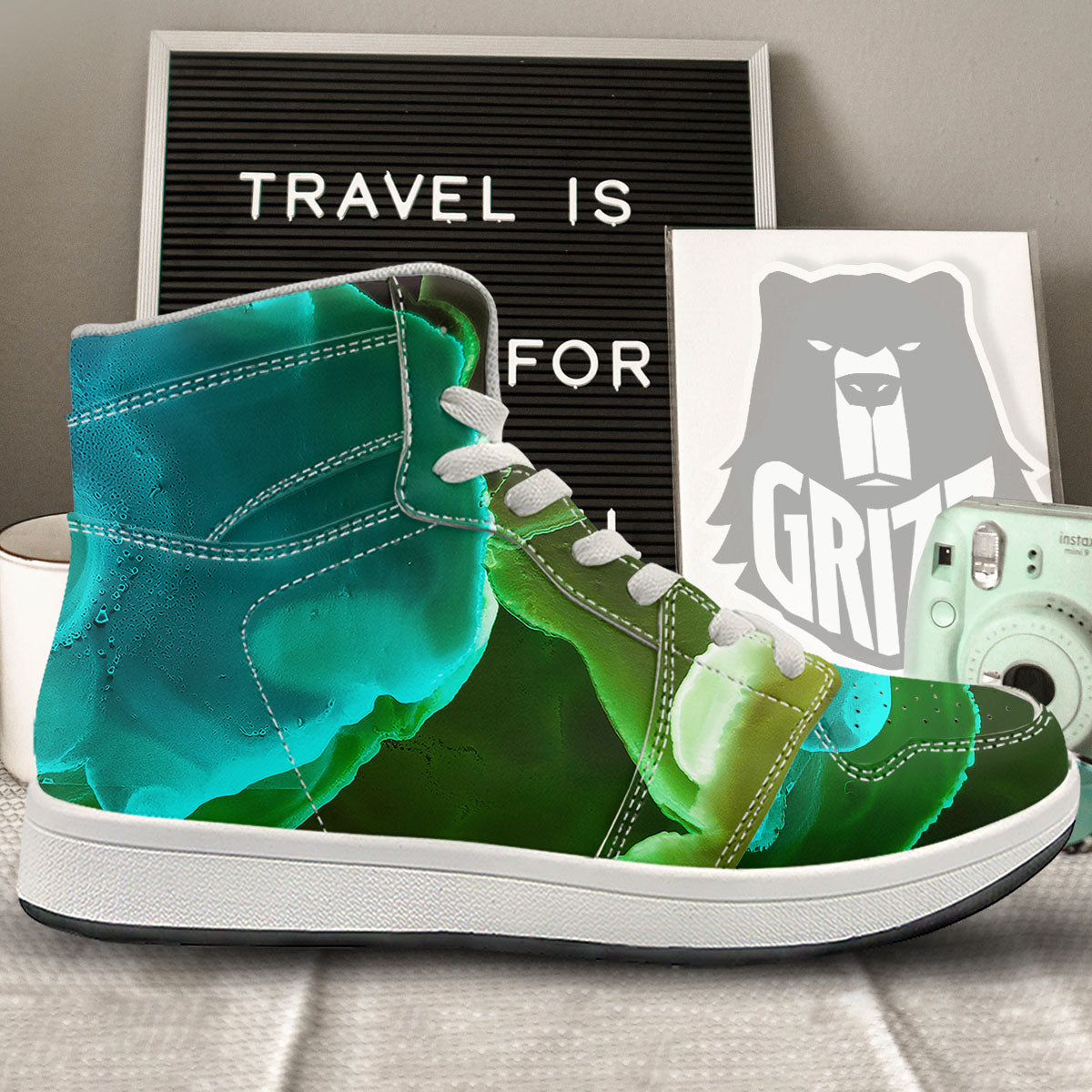 Acid Melt Green And Turquoise Print High Top Sneakers-grizzshop