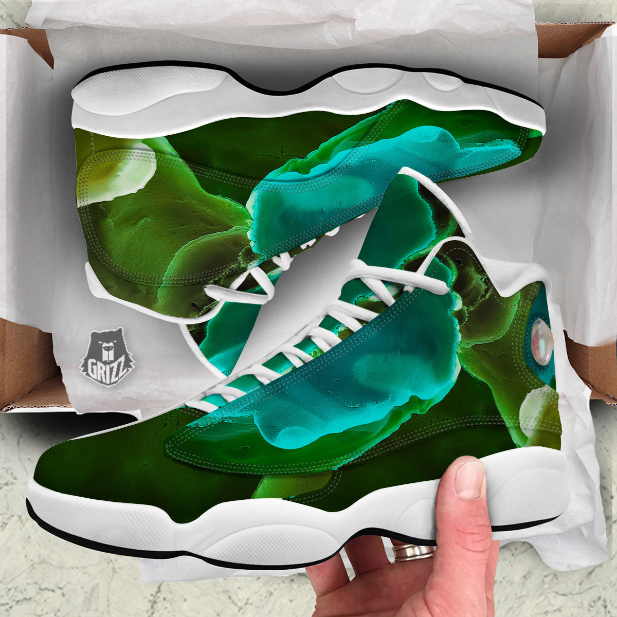 Acid Melt Green And Turquoise Print White Basketball Shoes-grizzshop