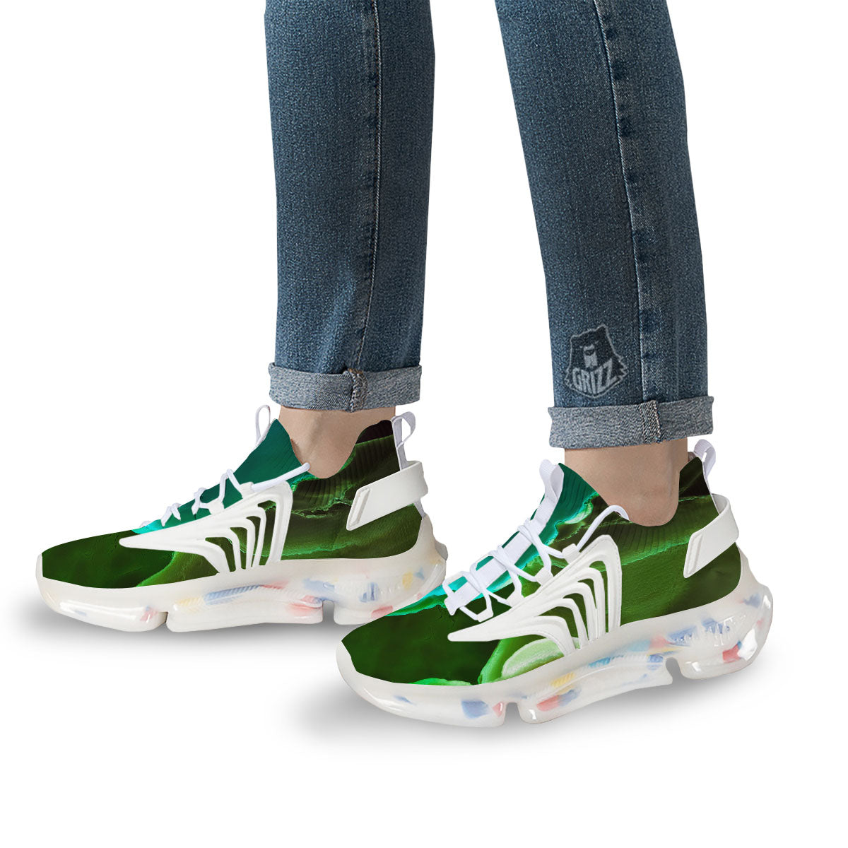 Acid Melt Green And Turquoise Print White Gym Shoes-grizzshop