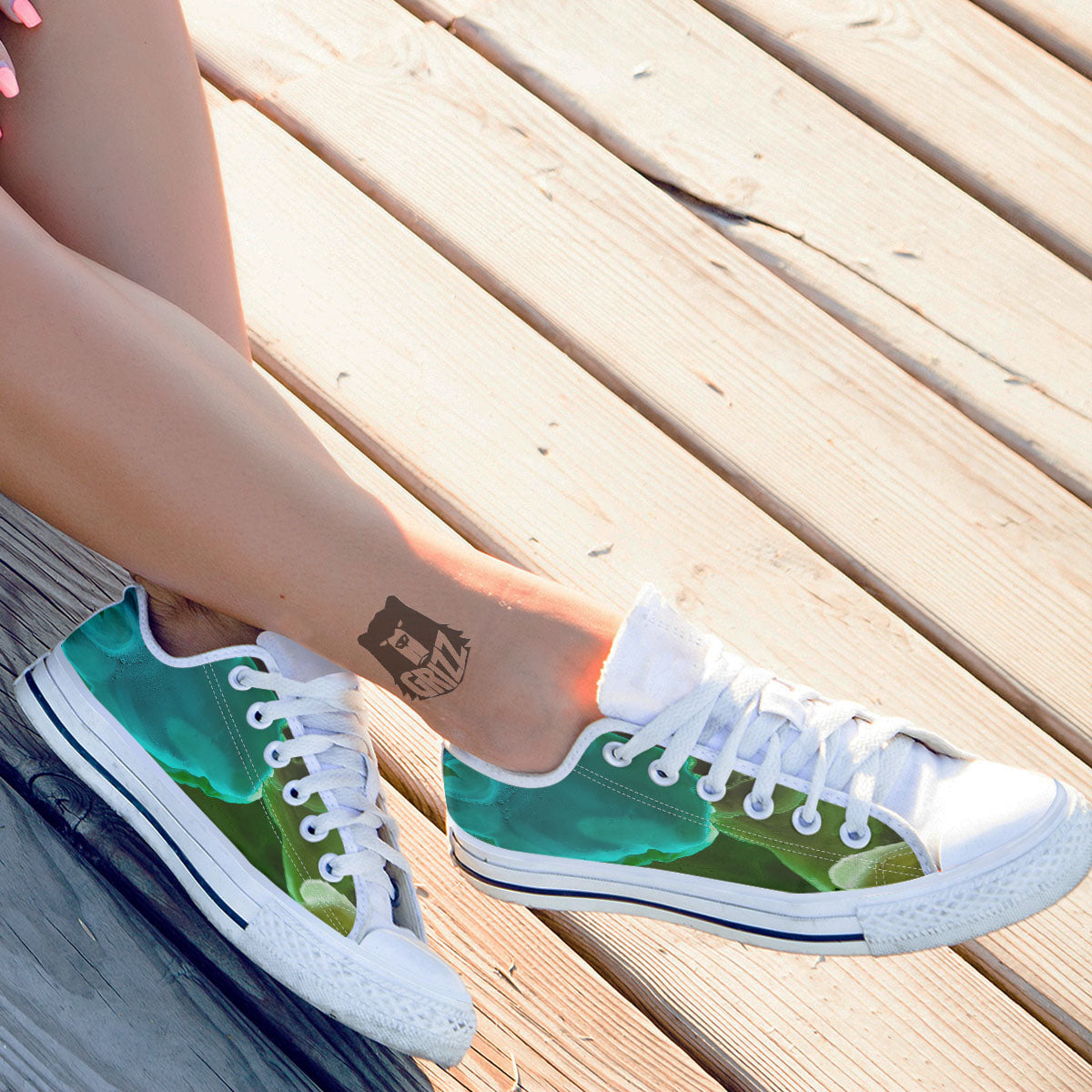 Acid Melt Green And Turquoise Print White Low Top Shoes-grizzshop