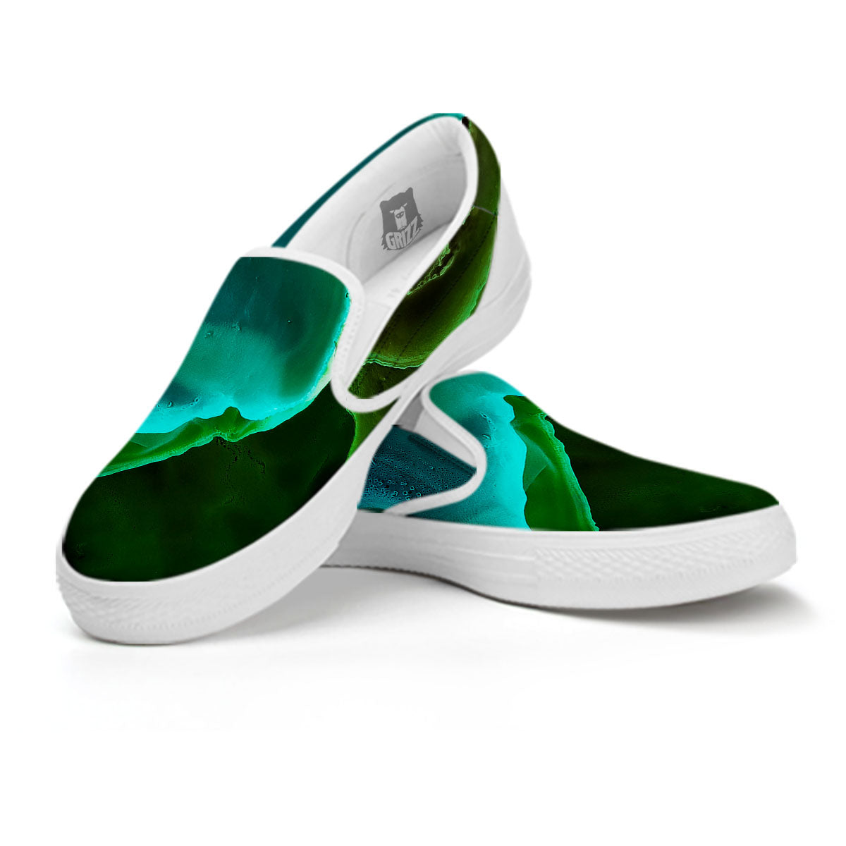 Acid Melt Green And Turquoise Print White Slip On Shoes-grizzshop
