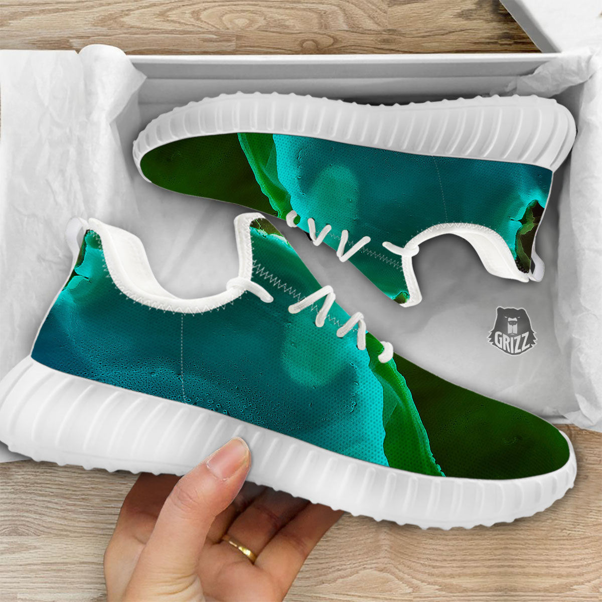 Acid Melt Green And Turquoise Print White Walking Shoes-grizzshop