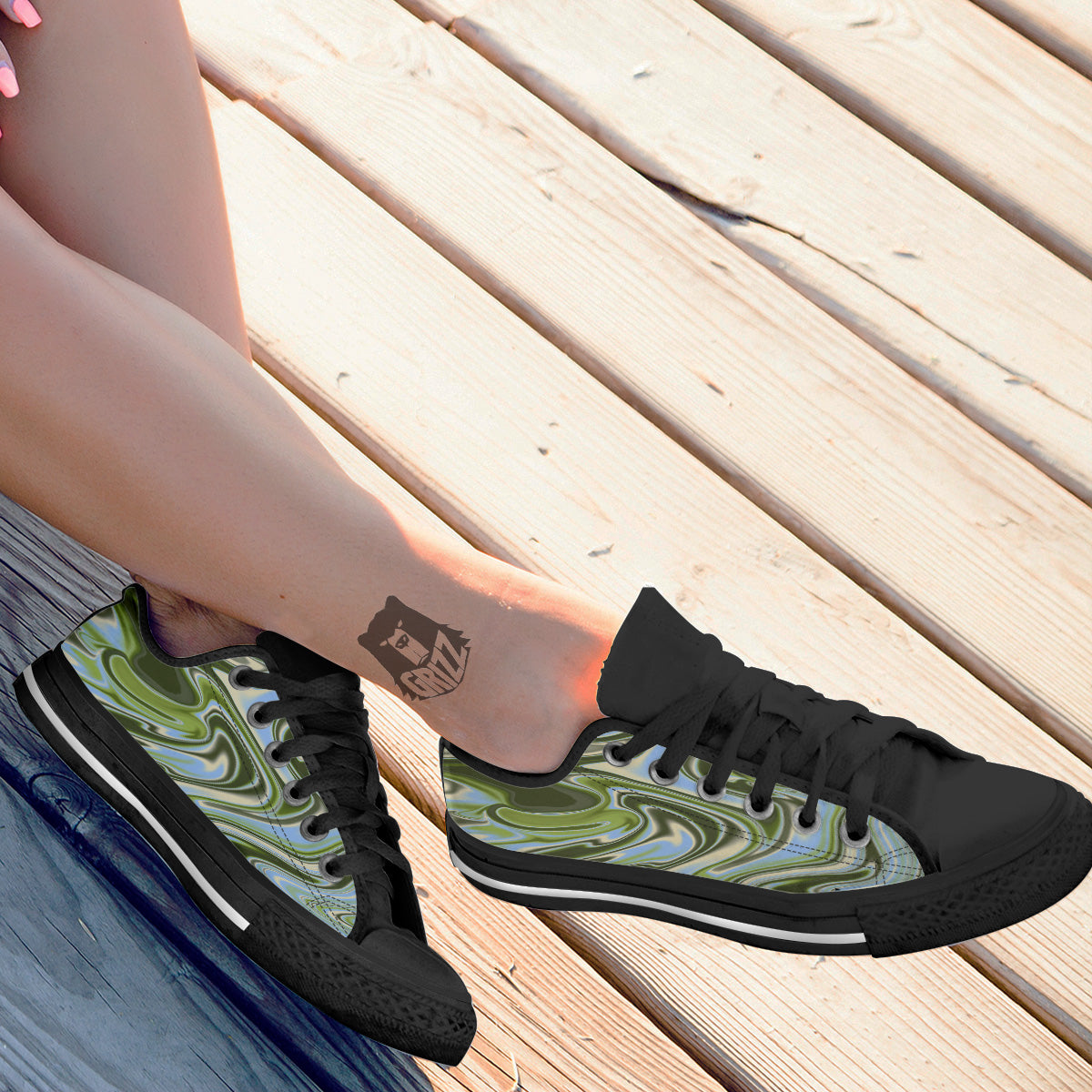 Acid Melt Green Print Black Low Top Shoes-grizzshop